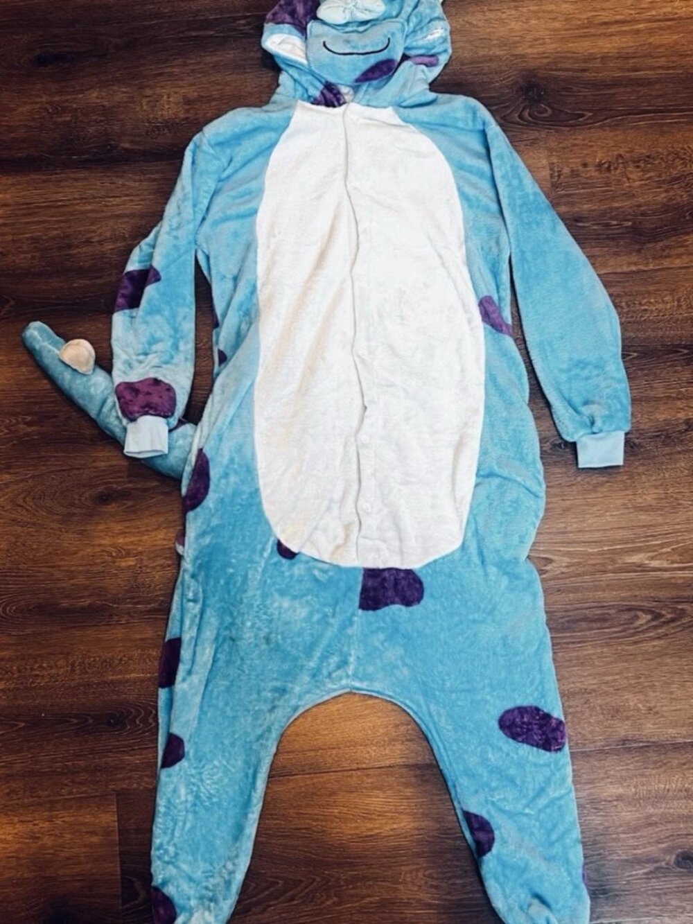 Blue Purple Monster Horns Fleece Hooded One Piece Pajamas Adult Medium
